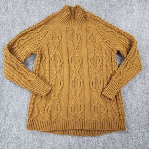 LL Bean Sweater Womens Large Tan Wool Blend Fisherman Cable Knit Mock Neck Cozy